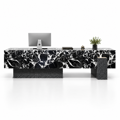 Large Floating-Style Reception Counter with Stone-Look Finishes — Black Bulgari Stone-Look + Black Terrazzo-Look