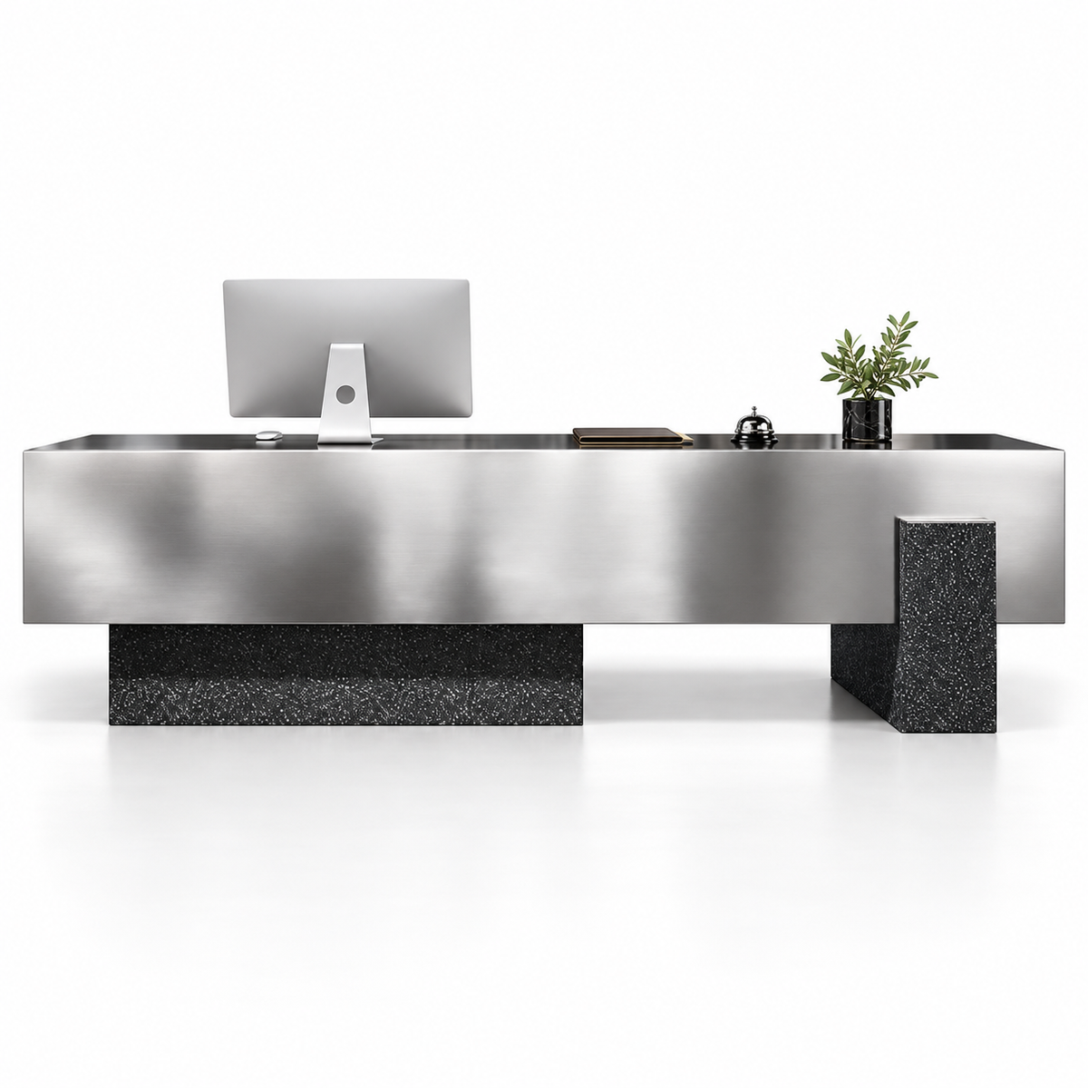 Large Floating-Style Reception Counter with Stone-Look Finishes — Silver Stainless Steel + Black Terrazzo-Look