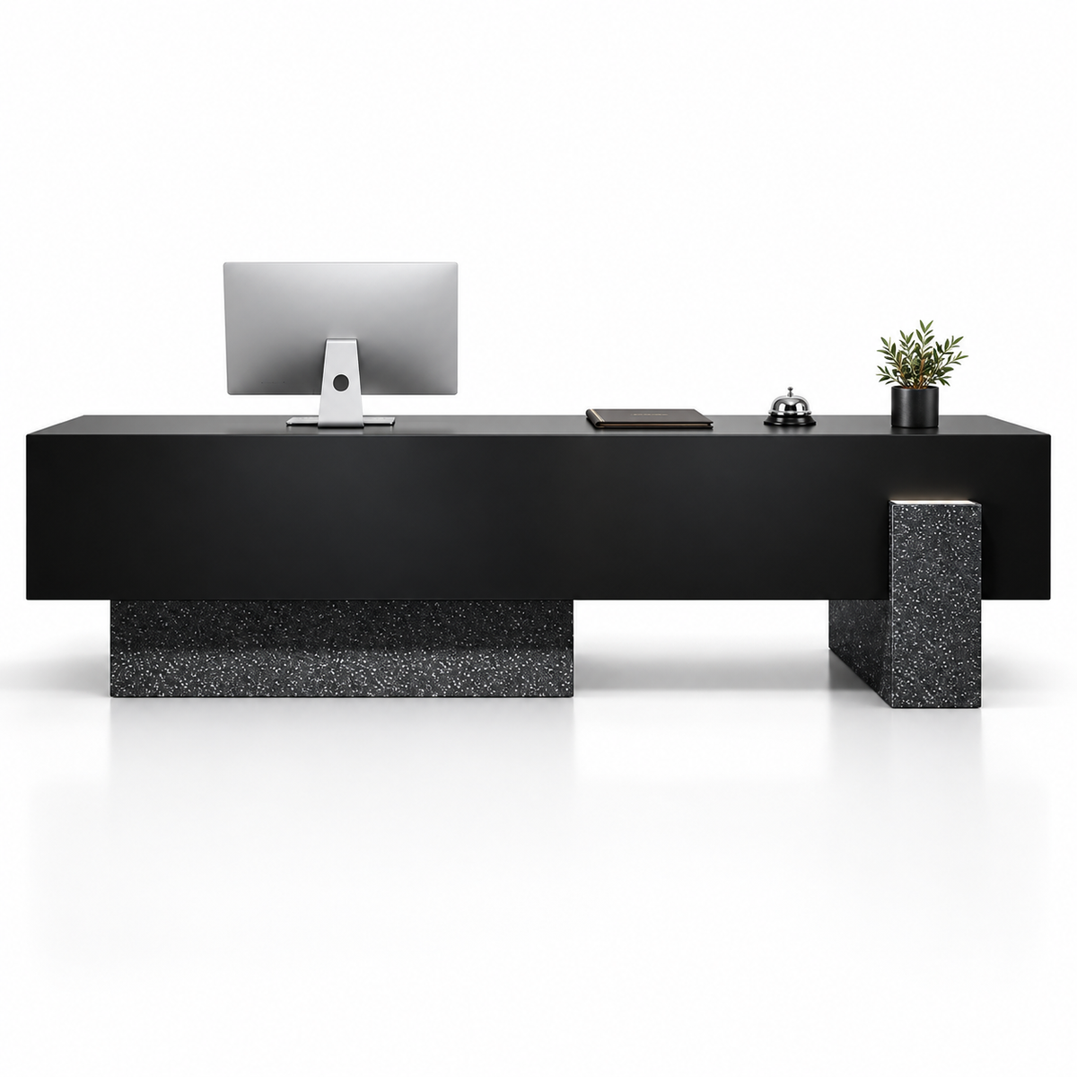 Large Floating-Style Reception Counter with Stone-Look Finishes — Black + Black Terrazzo-Look