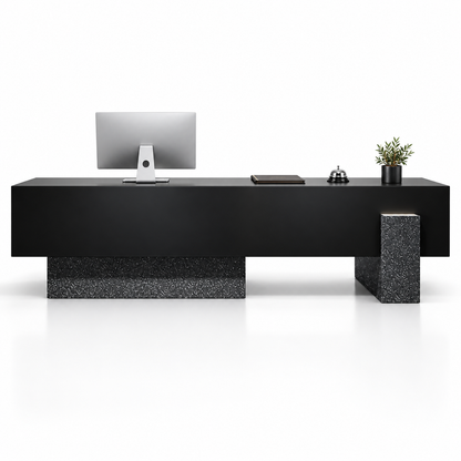 Large Floating-Style Reception Counter with Stone-Look Finishes — Black + Black Terrazzo-Look