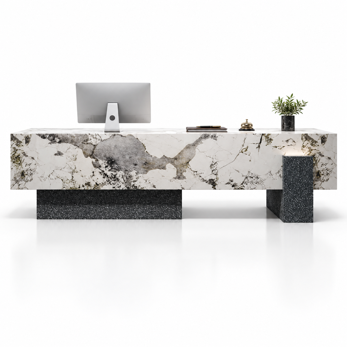 Large Floating-Style Reception Counter with Stone-Look Finishes — Pandora Stone-Look + Black Terrazzo-Look
