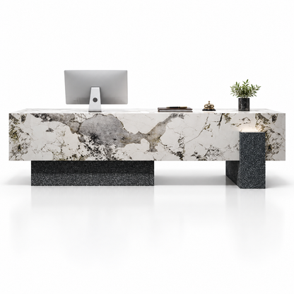 Large Floating-Style Reception Counter with Stone-Look Finishes — Pandora Stone-Look + Black Terrazzo-Look