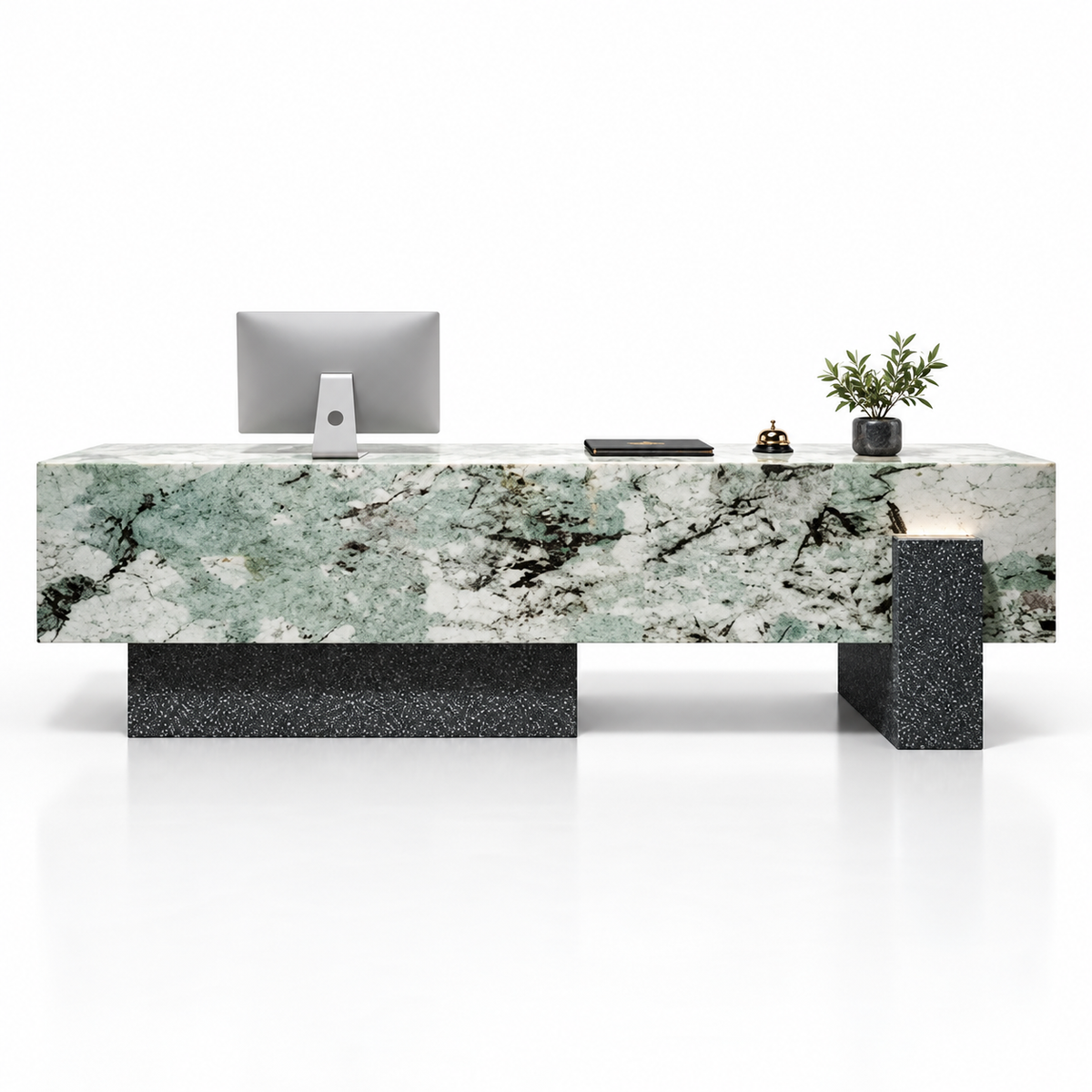 Large Floating-Style Reception Counter with Stone-Look Finishes — Snow Mountain Green + Black Terrazzo-Look