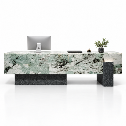 Large Floating-Style Reception Counter with Stone-Look Finishes — Snow Mountain Green + Black Terrazzo-Look