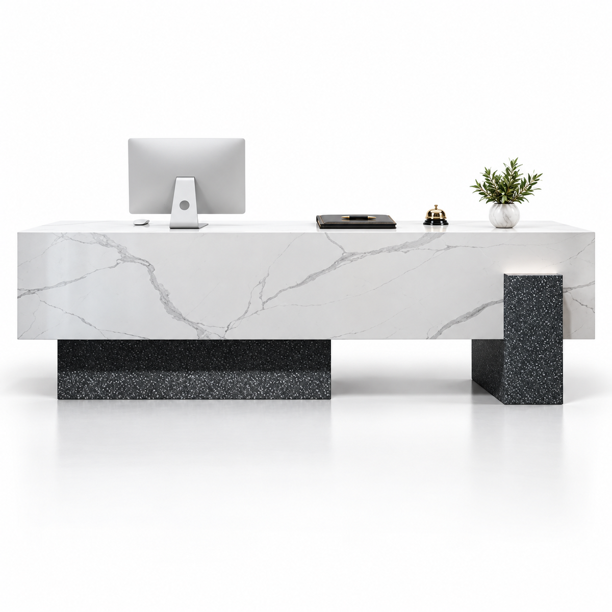 Large Floating-Style Reception Counter with Stone-Look Finishes — White Marble-Look + Black Terrazzo-Look