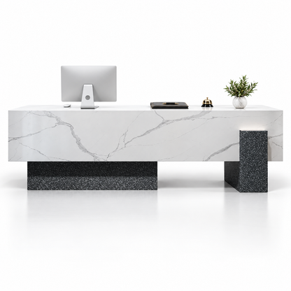 Large Floating-Style Reception Counter with Stone-Look Finishes — White Marble-Look + Black Terrazzo-Look