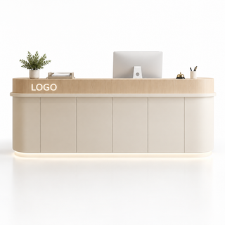 Curved Reception Counter with Raised Edge and LED Lighting — Beige + Natural Wood