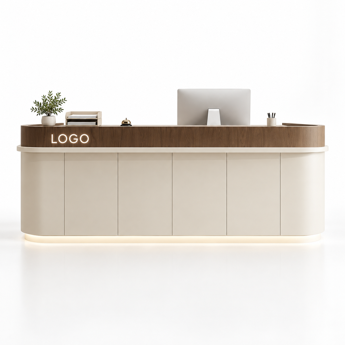 Curved Reception Counter with Raised Edge and LED Lighting — Beige + Coffee Wood Grain