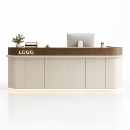 Curved Reception Counter with Raised Edge and LED Lighting — Beige + Coffee Wood Grain