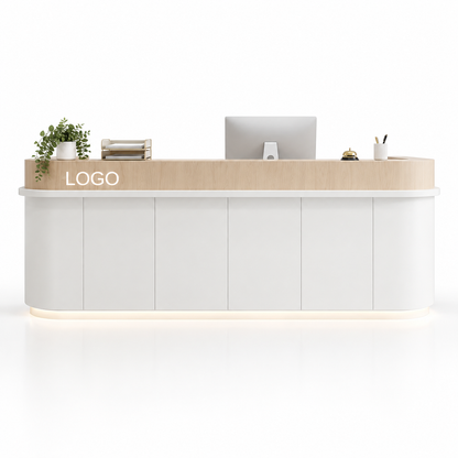 Curved Reception Counter with Raised Edge and LED Lighting — White + Natural Wood