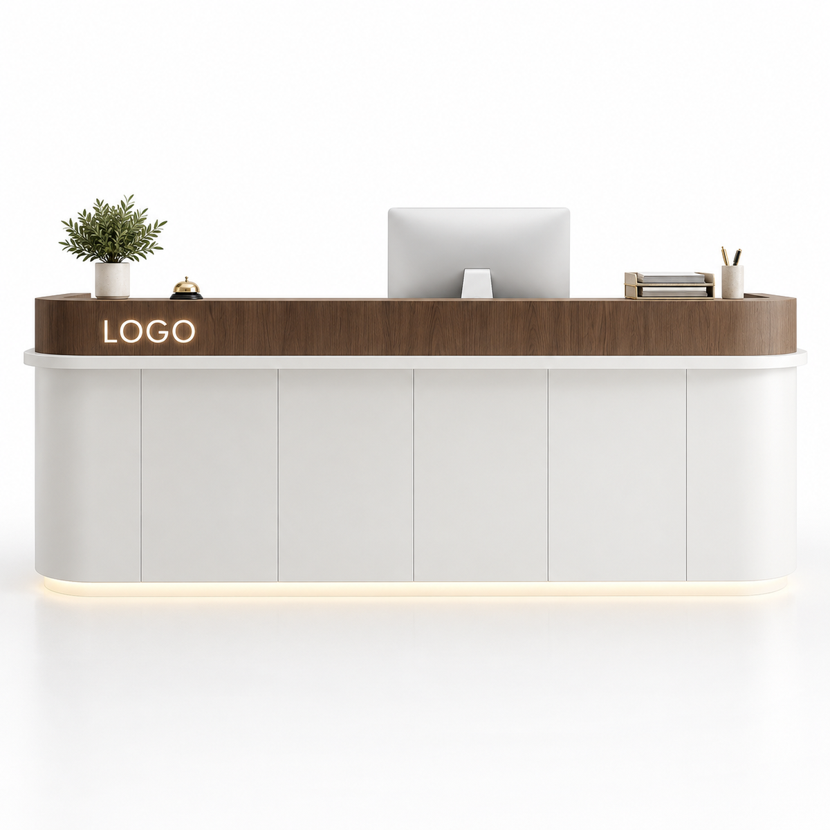 Curved Reception Counter with Raised Edge and LED Lighting — White + Coffee Wood Grain