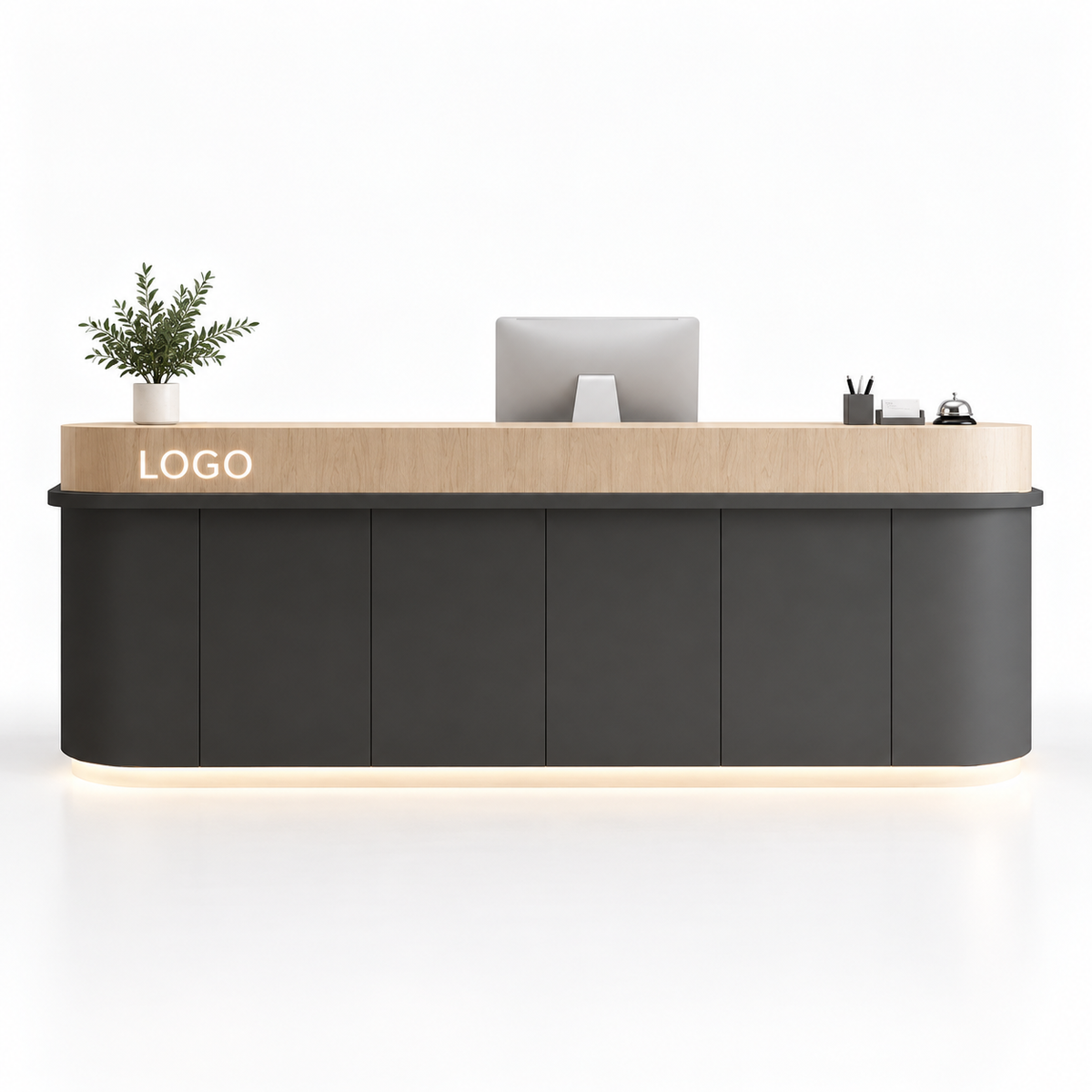 Curved Reception Counter with Raised Edge and LED Lighting — Black + Natural Wood