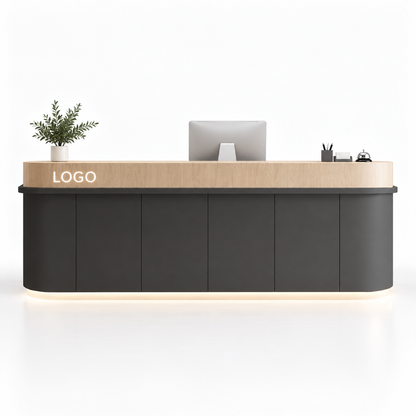 Curved Reception Counter with Raised Edge and LED Lighting — Black + Natural Wood