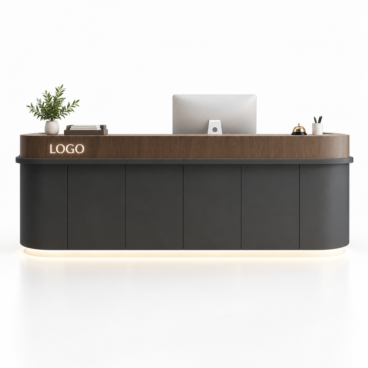Curved Reception Counter with Raised Edge and LED Lighting — Black + Coffee Wood Grain