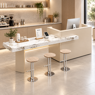Reception and Café Counter with Extended Stone-Look Bar in a commercial reception setting