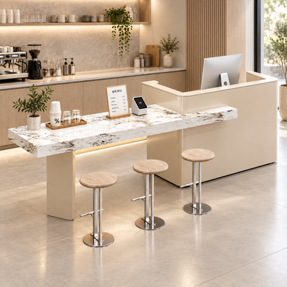 Reception and Café Counter with Extended Stone-Look Bar in a commercial reception setting
