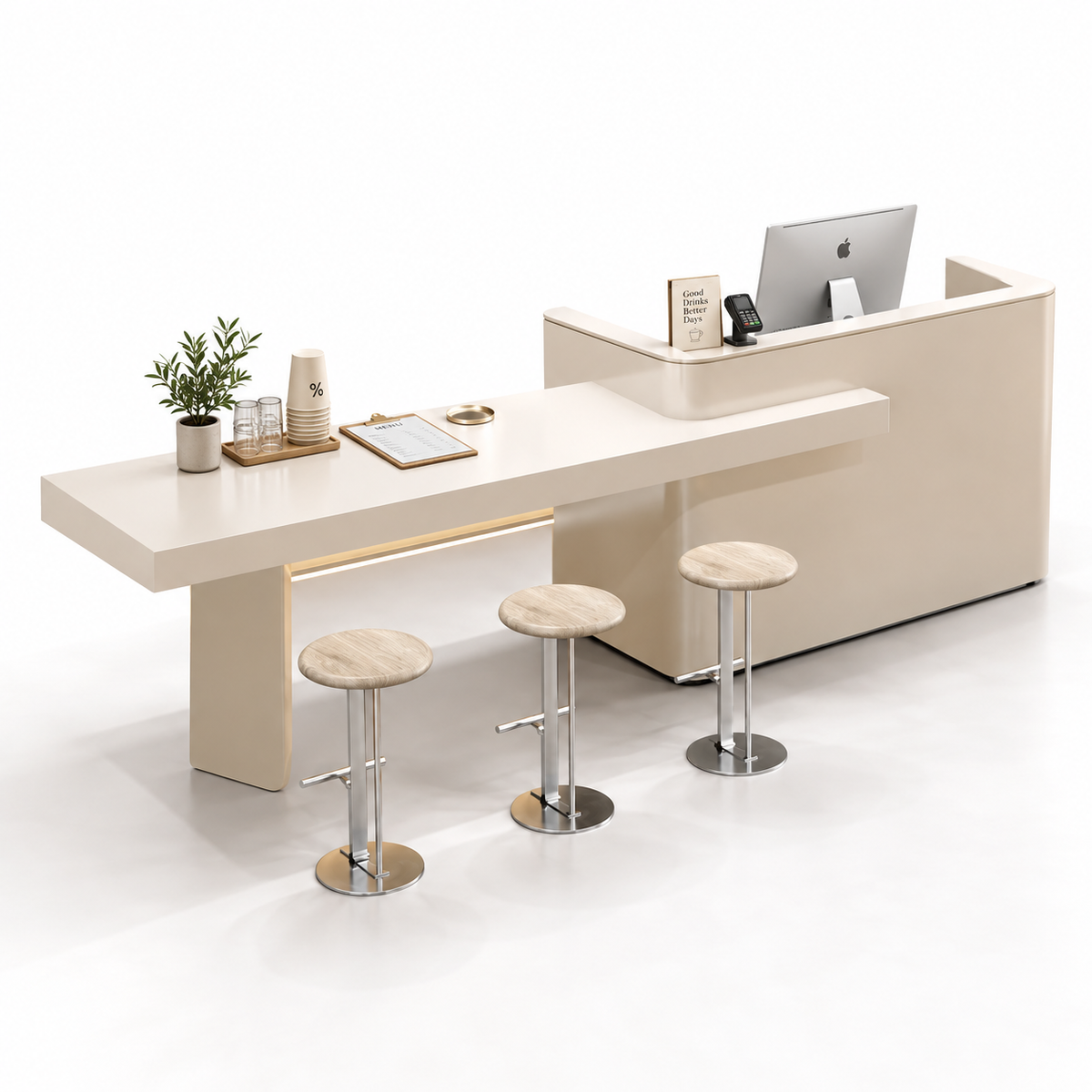 Reception and Café Counter with Extended Stone-Look Bar — Cream