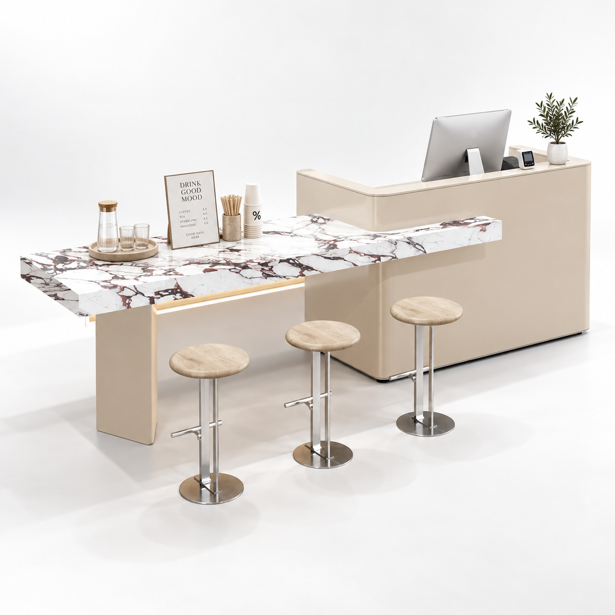 Reception and Café Counter with Extended Stone-Look Bar — Cream + Bulgari Stone-Look