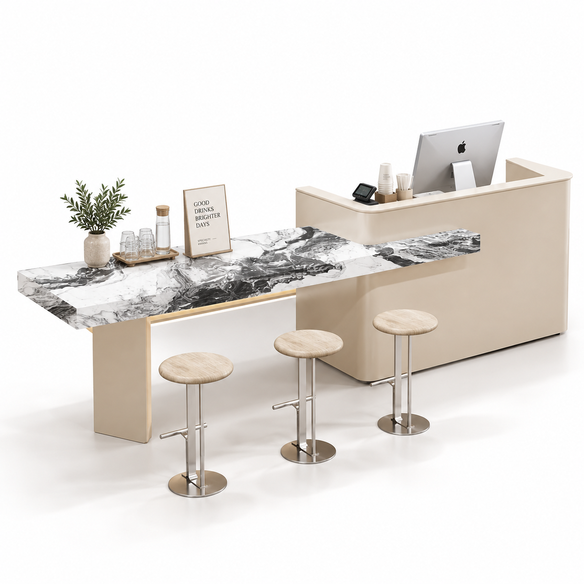 Reception and Café Counter with Extended Stone-Look Bar — Cream + Landscape Stone-Look