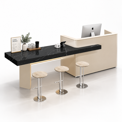 Reception and Café Counter with Extended Stone-Look Bar — Cream + Black Root Stone-Look