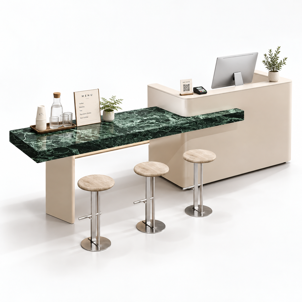 Reception and Café Counter with Extended Stone-Look Bar — Cream + Prada Green