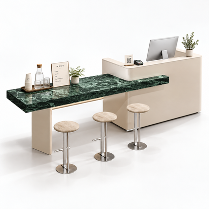 Reception and Café Counter with Extended Stone-Look Bar — Cream + Prada Green