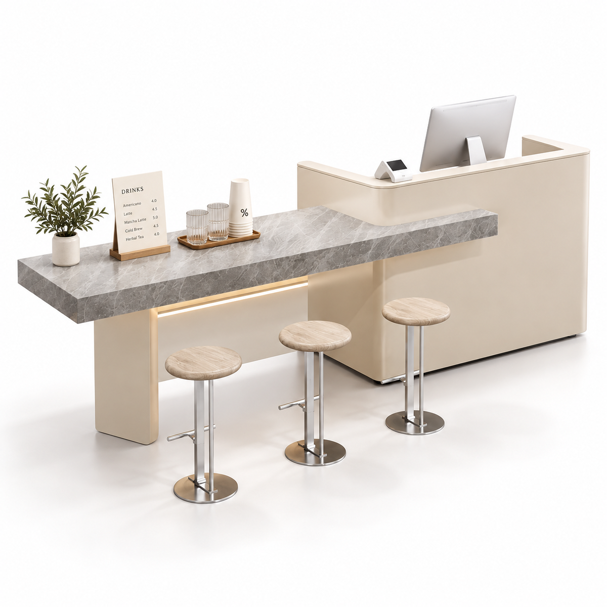 Reception and Café Counter with Extended Stone-Look Bar — Cream + Maya Grey