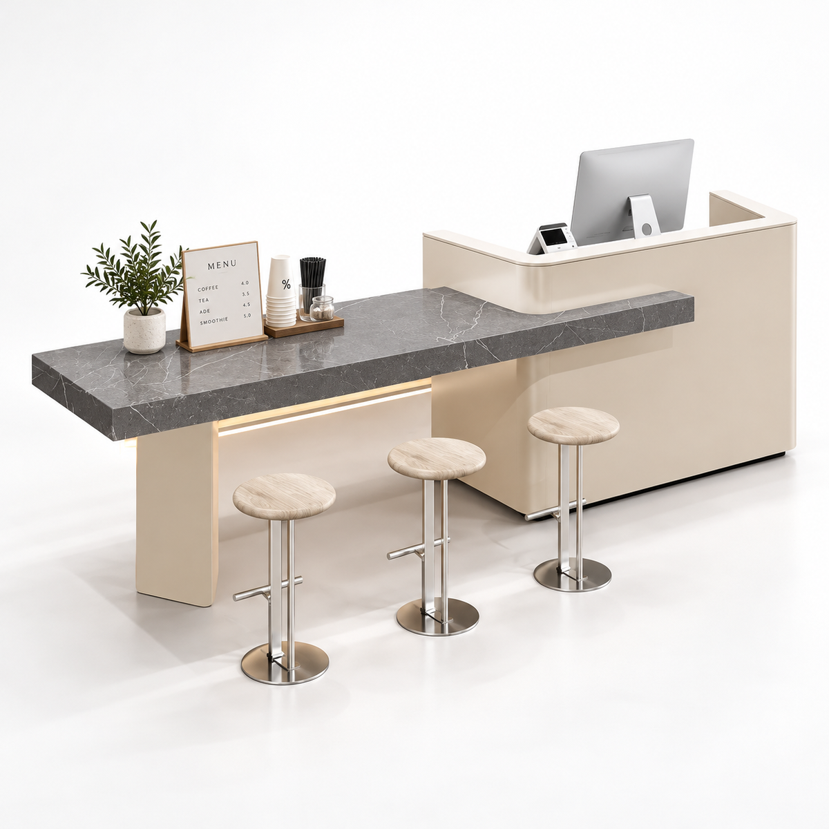 Reception and Café Counter with Extended Stone-Look Bar — Cream + Cracked Grey