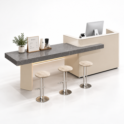 Reception and Café Counter with Extended Stone-Look Bar — Cream + Cracked Grey
