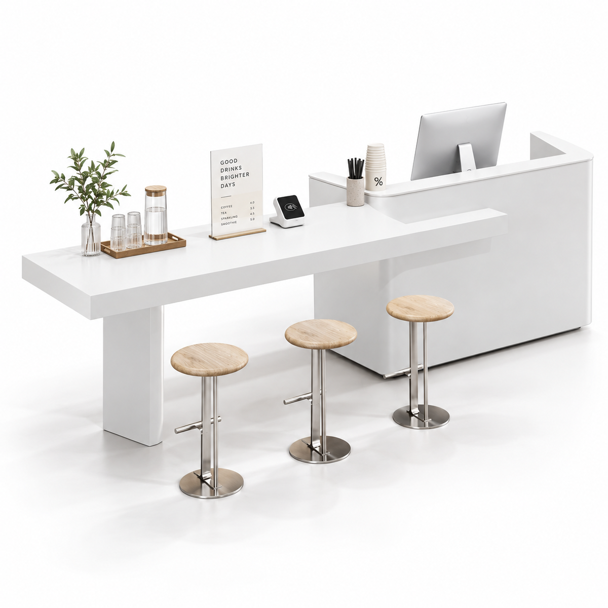 Reception and Café Counter with Extended Stone-Look Bar — Lacquered White