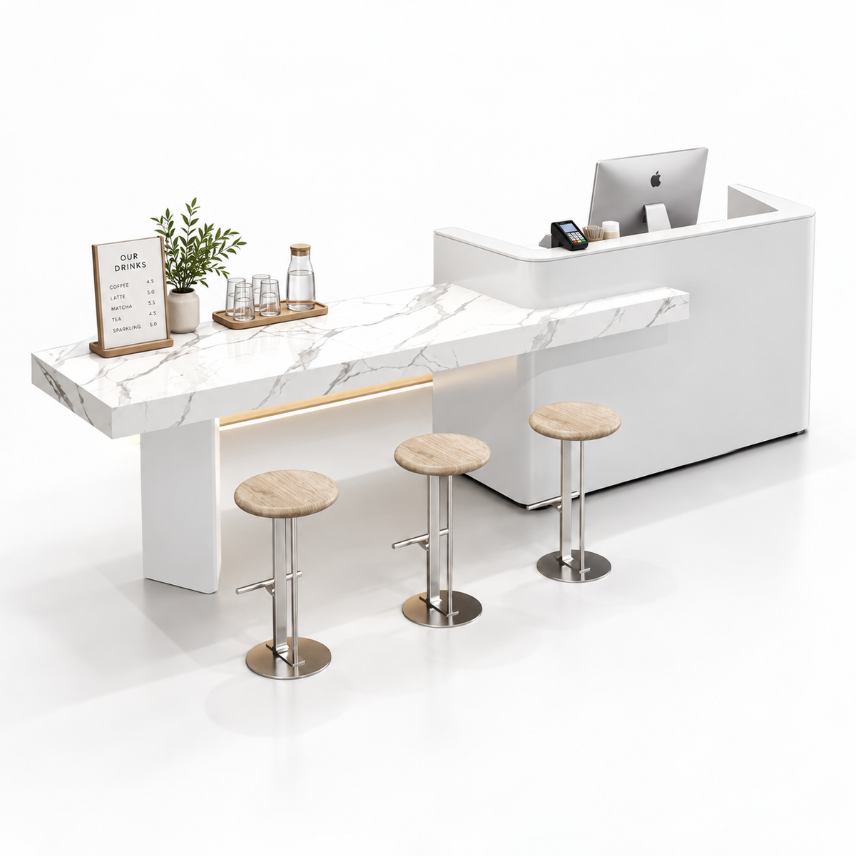 Reception and Café Counter with Extended Stone-Look Bar — Lacquered White + White Marble-Look
