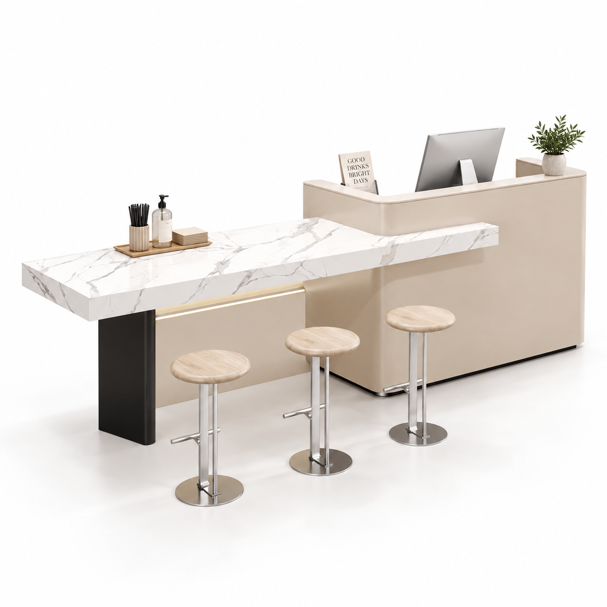 Reception and Café Counter with Extended Stone-Look Bar — Cream + White Marble-Look