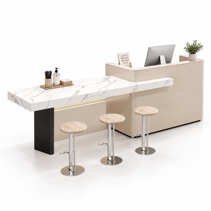 Reception and Café Counter with Extended Stone-Look Bar — Cream + White Marble-Look