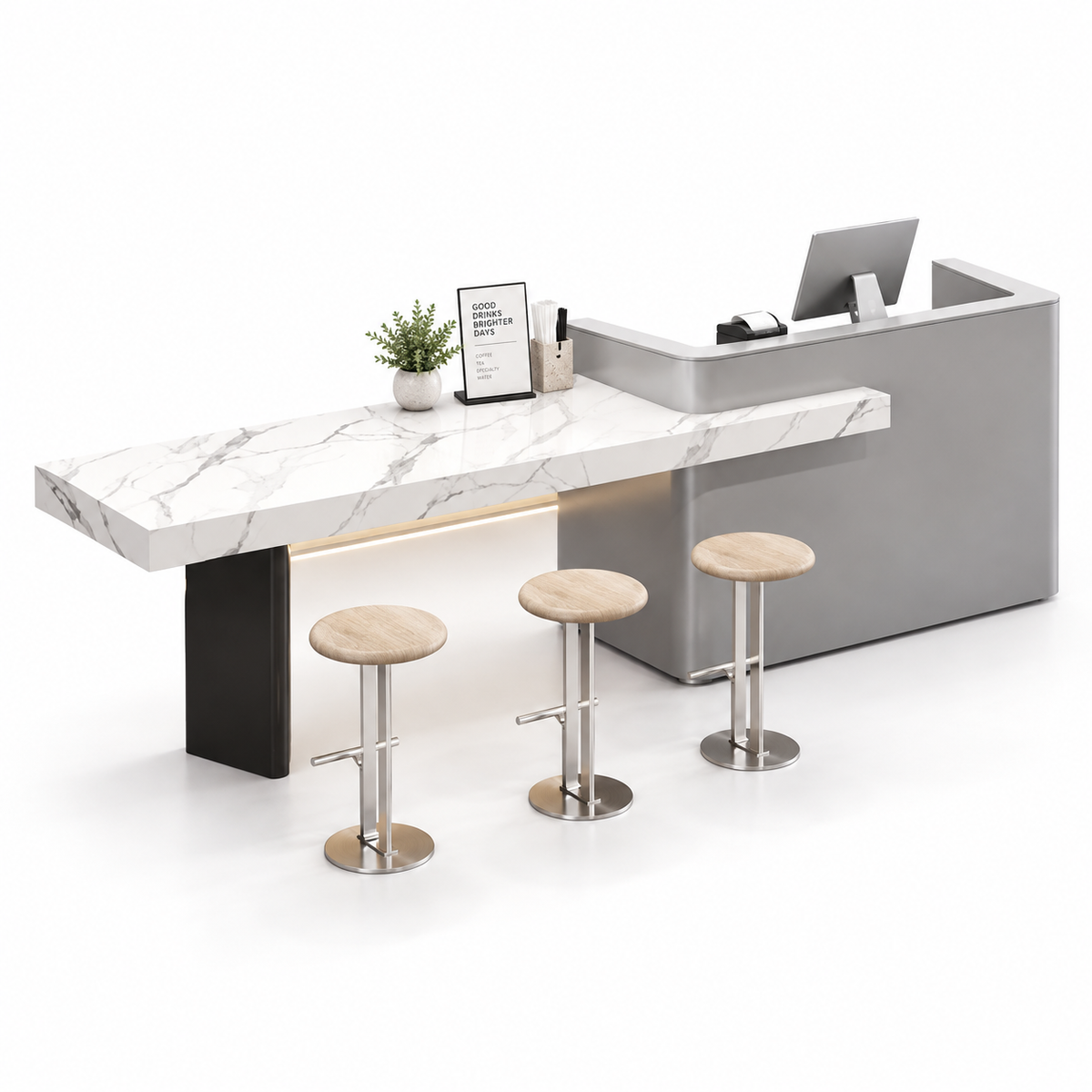 Reception and Café Counter with Extended Stone-Look Bar — Grey + White Marble-Look