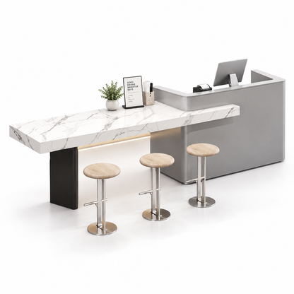 Reception and Café Counter with Extended Stone-Look Bar — Grey + White Marble-Look
