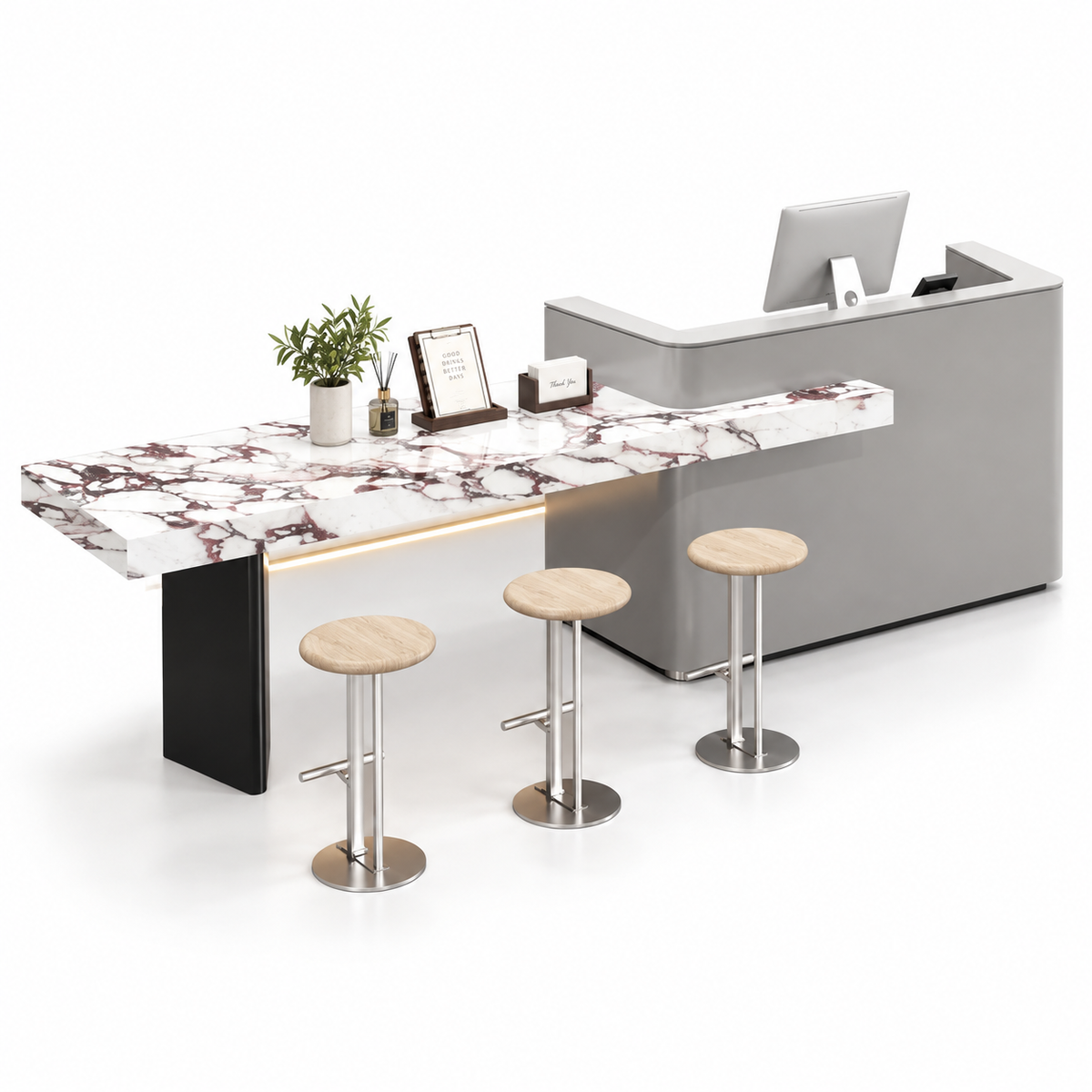 Reception and Café Counter with Extended Stone-Look Bar — Grey + Bulgari Stone-Look