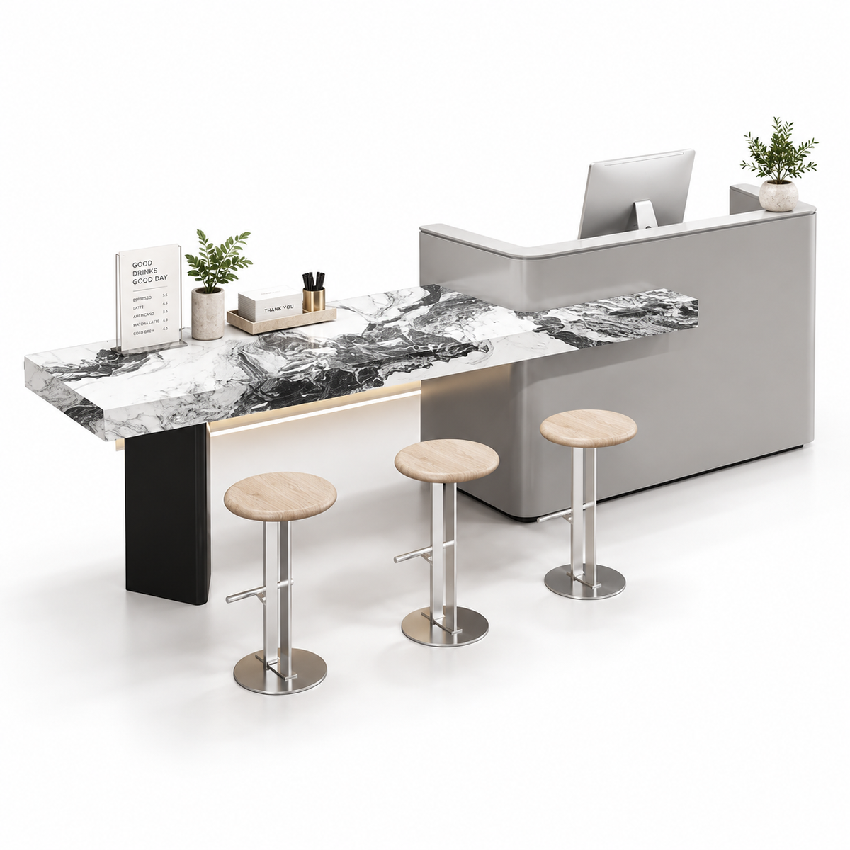Reception and Café Counter with Extended Stone-Look Bar — Grey + Landscape Stone-Look