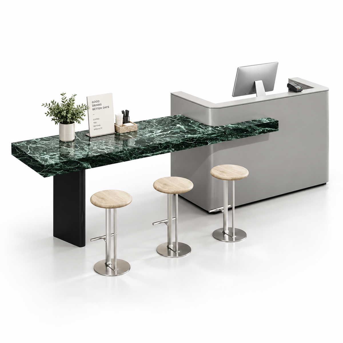 Reception and Café Counter with Extended Stone-Look Bar — Grey + Prada Green