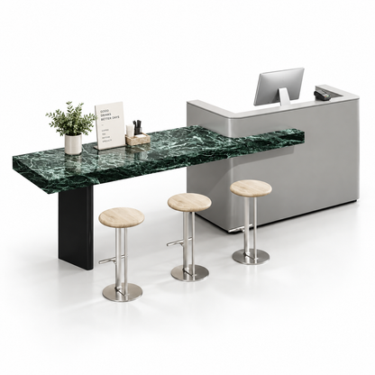 Reception and Café Counter with Extended Stone-Look Bar — Grey + Prada Green
