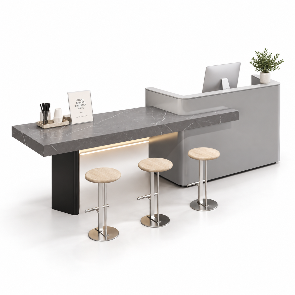 Reception and Café Counter with Extended Stone-Look Bar — Grey + Cracked Grey