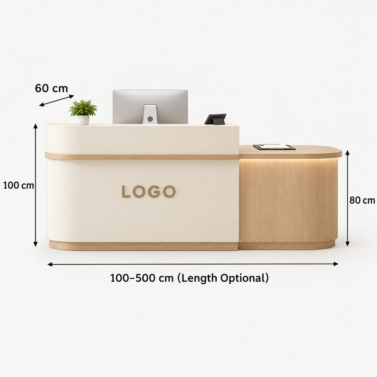 Two-Level Curved Reception Counter with LED Lighting and Storage