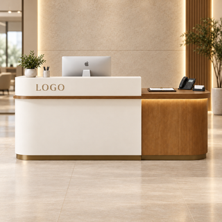Two-Level Curved Reception Counter with LED Lighting and Storage in a commercial reception setting