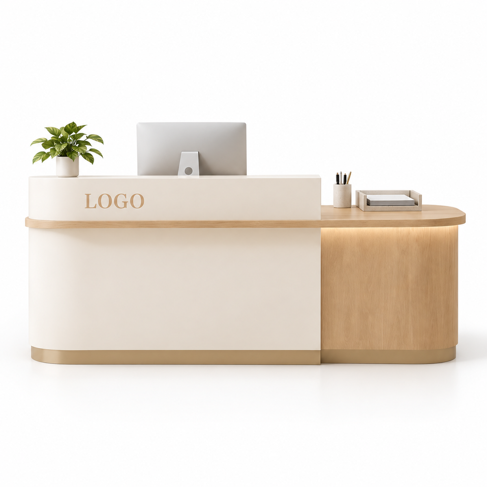 Two-Level Curved Reception Counter with LED Lighting and Storage ...