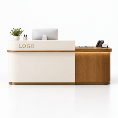 Two-Level Curved Reception Counter with LED Lighting and Storage — Beige + Coffee Wood Grain