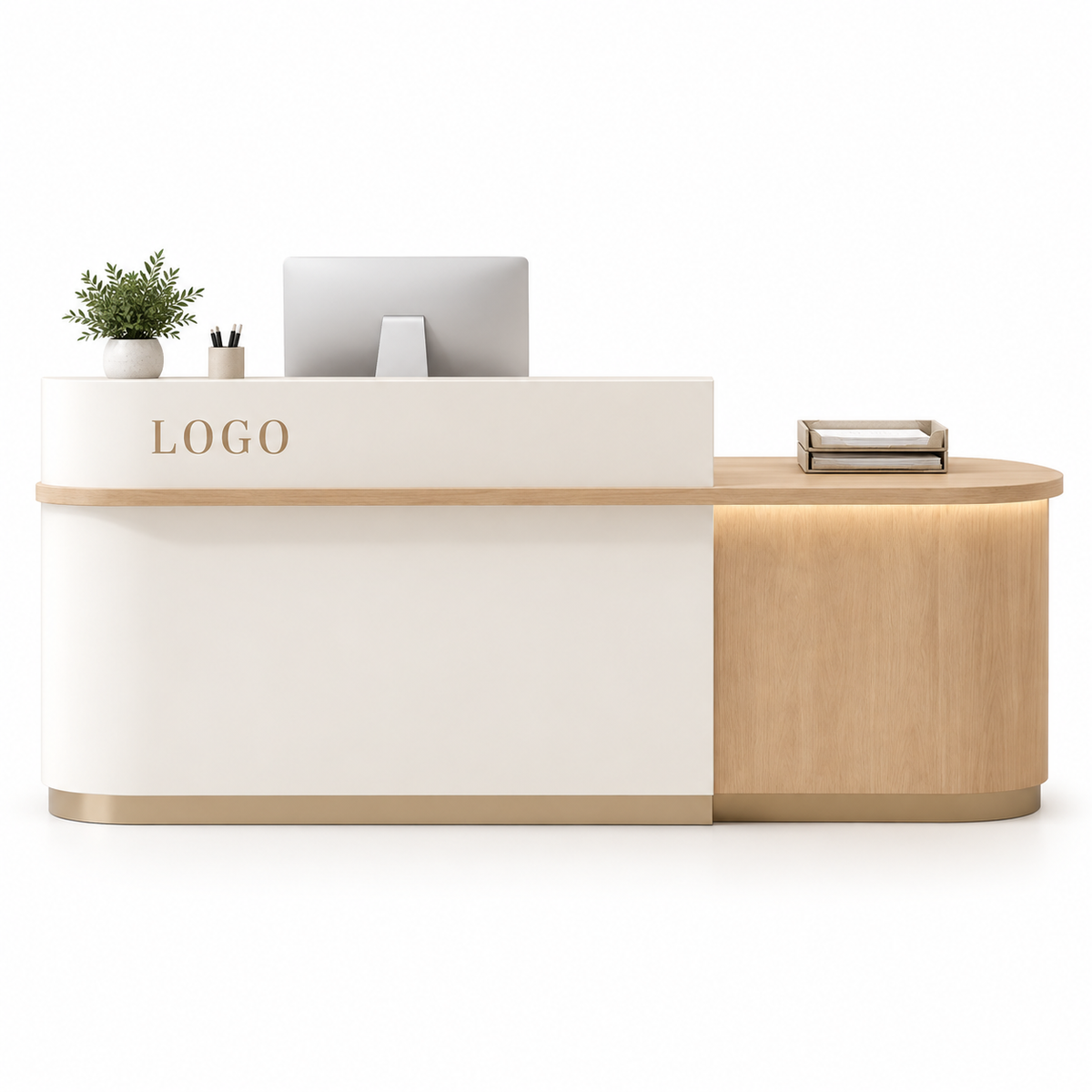 Two-Level Curved Reception Counter with LED Lighting and Storage — White + Natural Wood