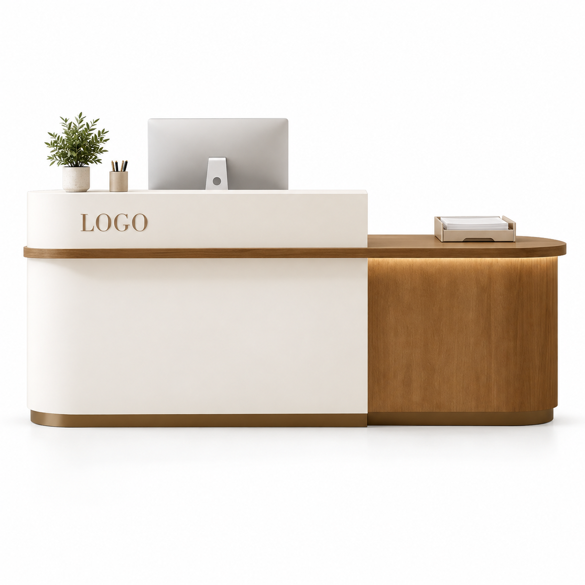 Two-Level Curved Reception Counter with LED Lighting and Storage — White + Coffee Wood Grain