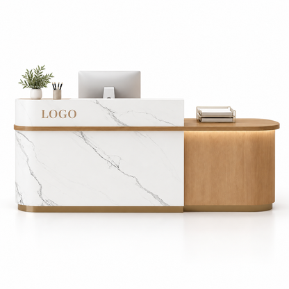Two-Level Curved Reception Counter with LED Lighting and Storage — White Marble-Look + Natural Wood