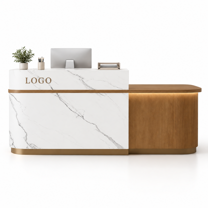 Two-Level Curved Reception Counter with LED Lighting and Storage — White Marble-Look + Coffee Wood Grain