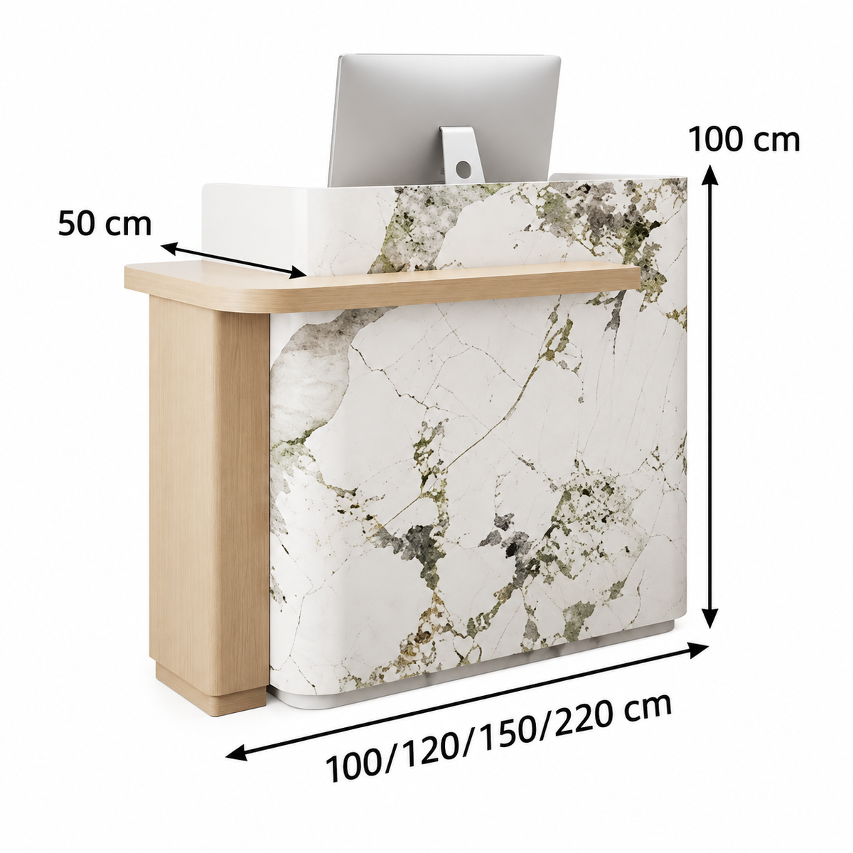 Layered Curved Reception Counter with Wood-Look Ledge and Storage