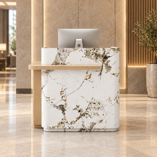 Layered Curved Reception Counter with Wood-Look Ledge and Storage in a commercial reception setting